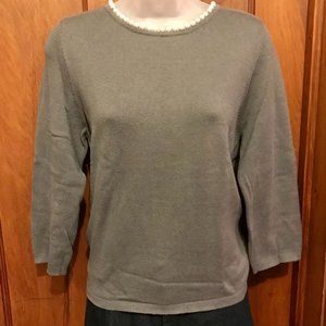 "Anthro" gray sweater with individual pearls outlining neck, L